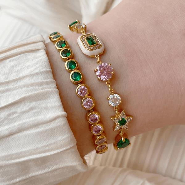 Celeste Cluster Bracelet In Blush Pink Enamel, Ice Blue & Emerald Green