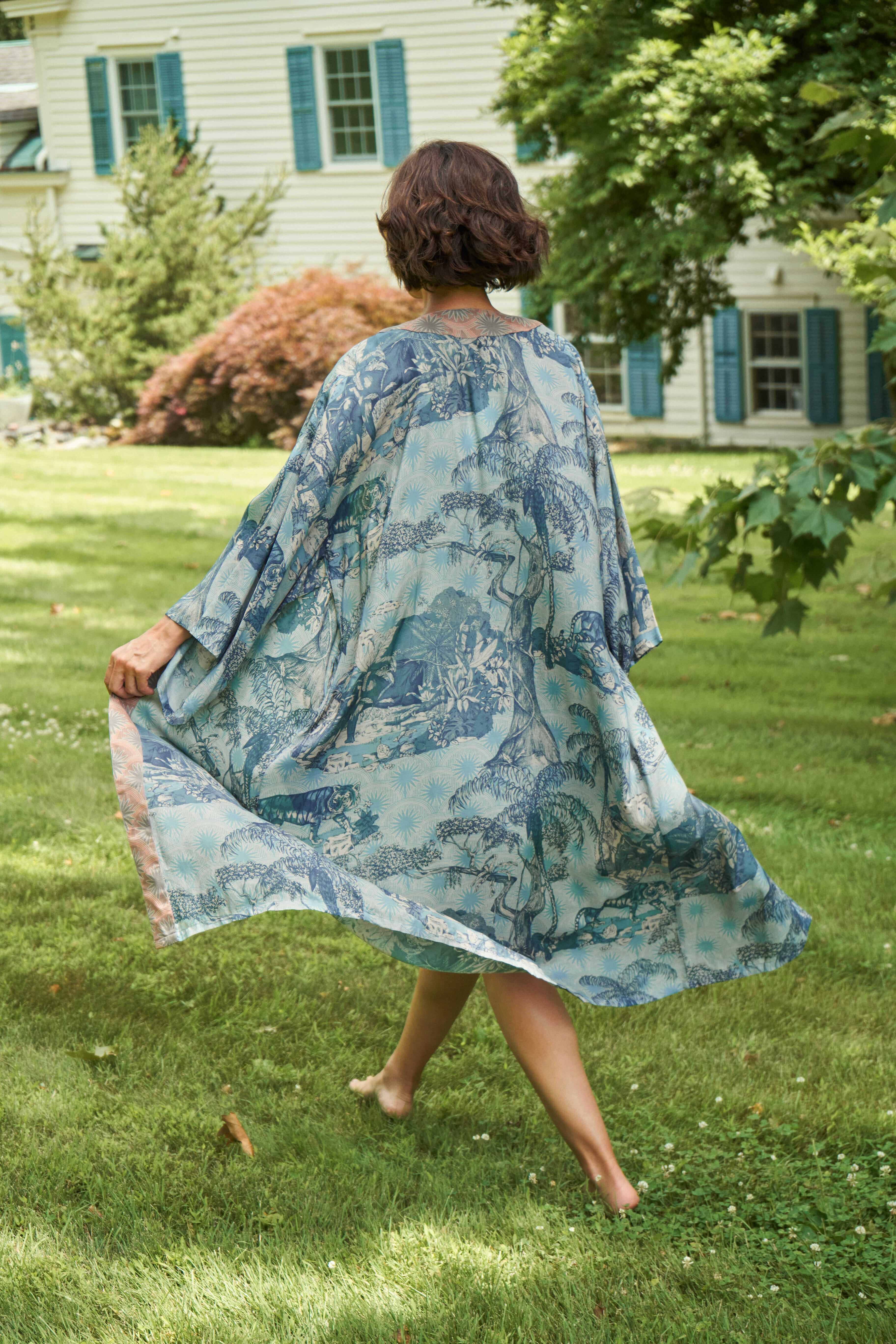 Tropical Toile Kimono Gown - Denim & Petal