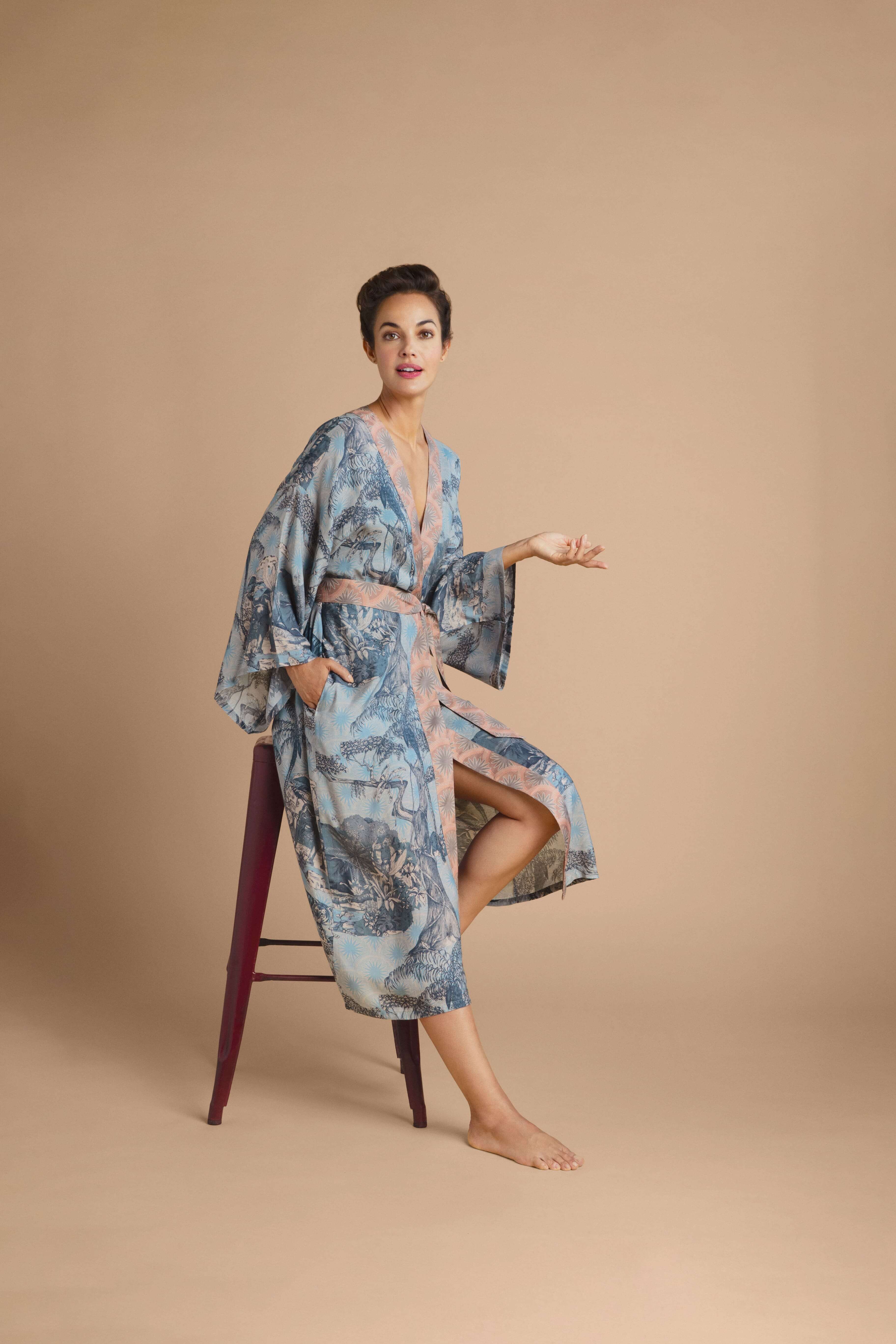 Tropical Toile Kimono Gown - Denim & Petal