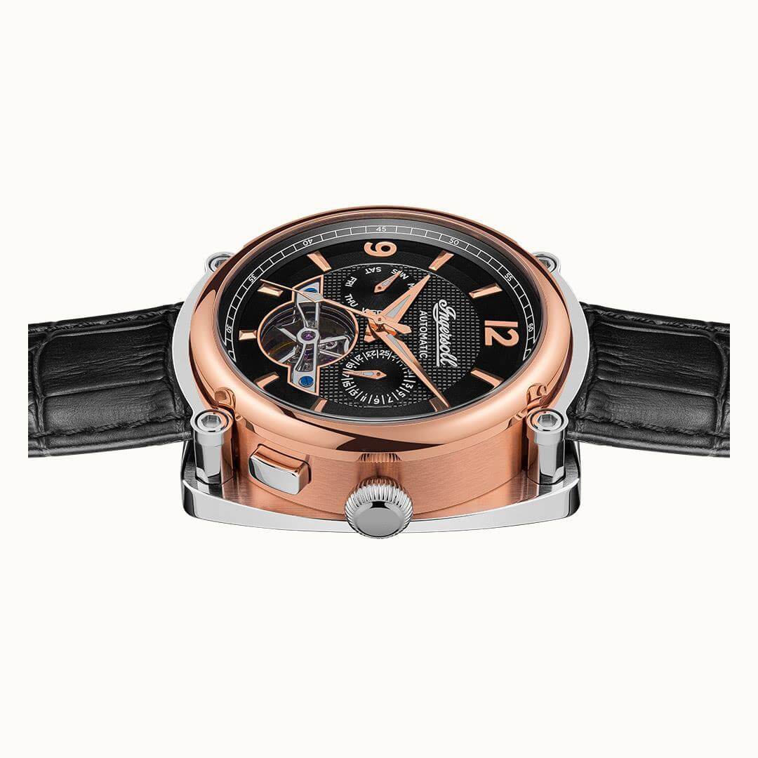 The Michigan Automatic Two Tone Day/Date Black Leather Watch