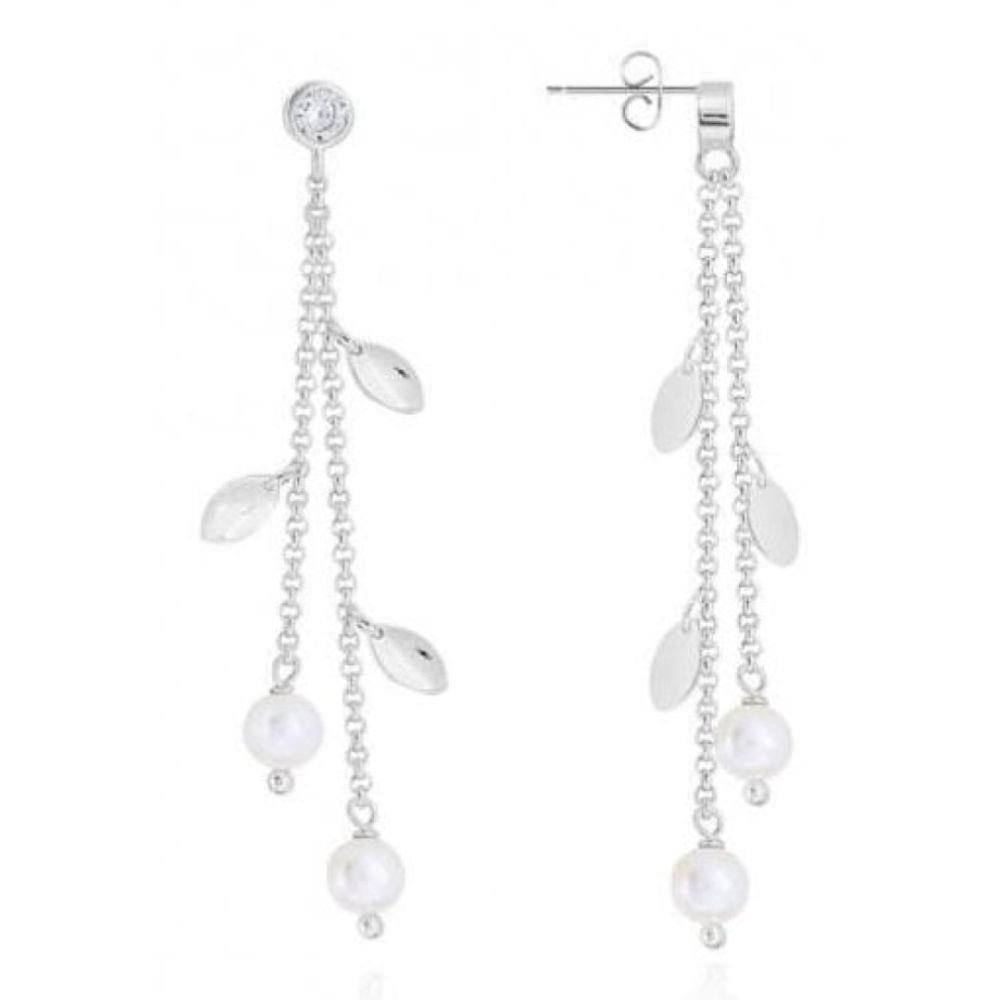 Happy Ever After Bridal Jewellery Pearl CZ Leaf Lariat Earrings