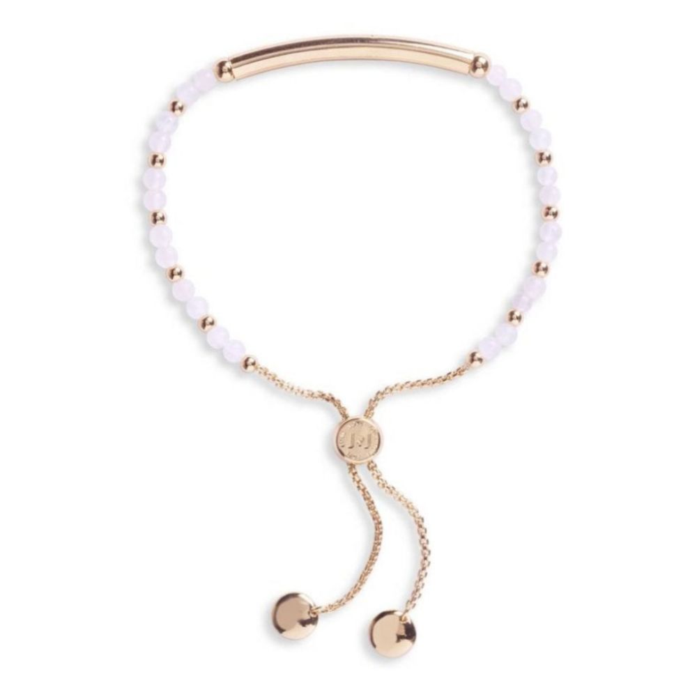 Signature Stones - Love Engraved Yellow Gold Bar With Rose Quartz Stones- Bracelet
