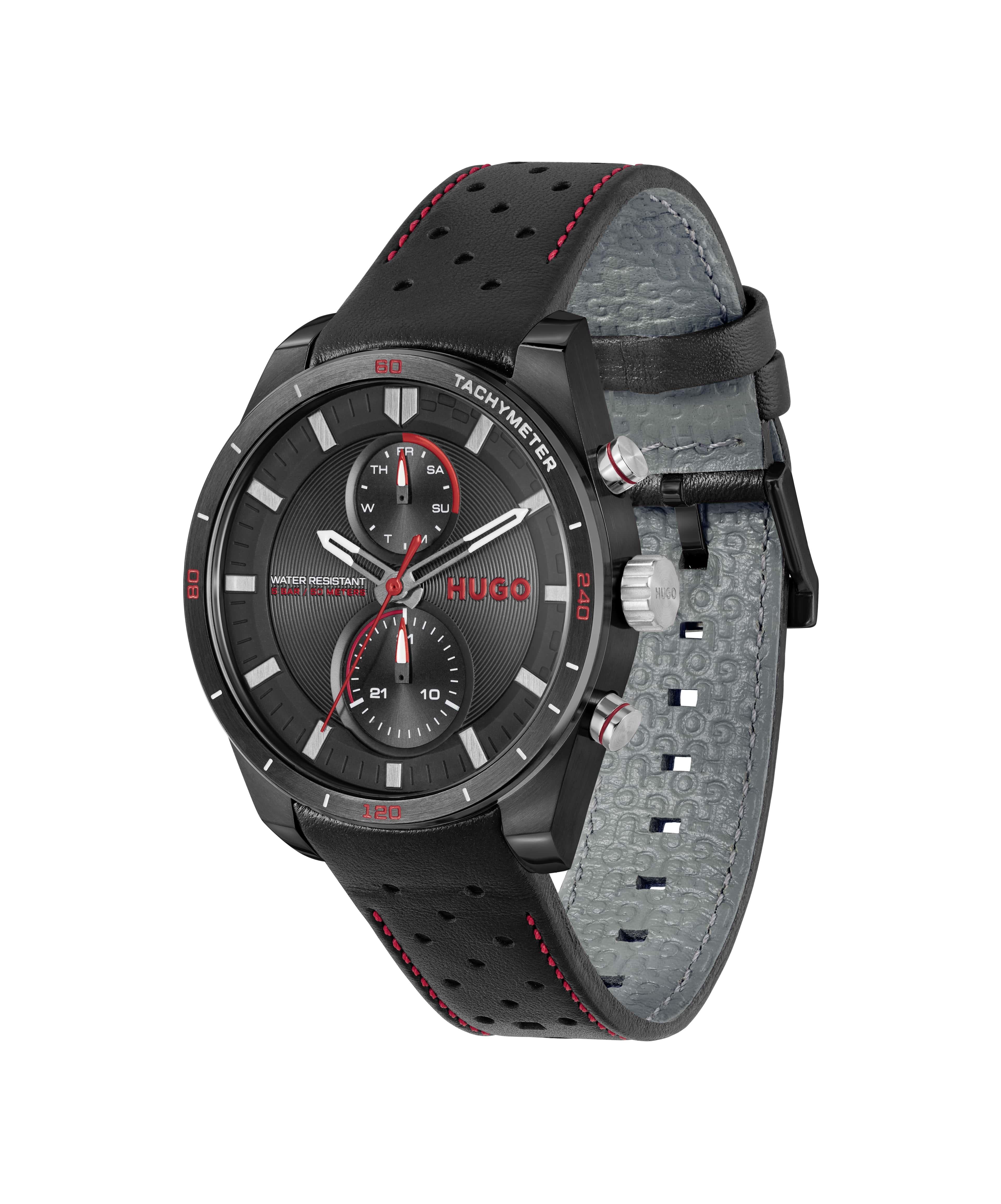#Fast Black Dial With Black Leather Strap Men's Watch
