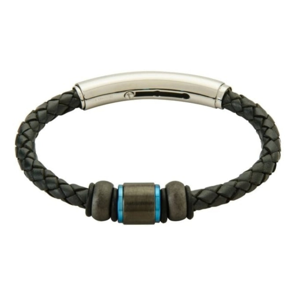 Grey Leather Gents Bracelet With Stainless Steel Moving Blue & Black Beads & Magnetic Clasp
