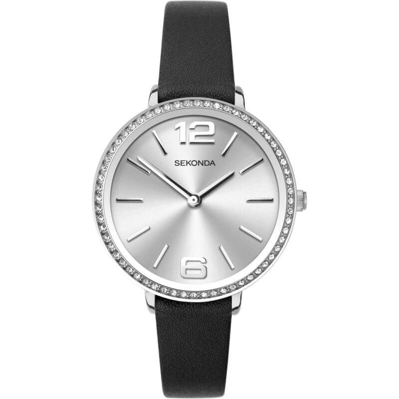 Stainless Steel Stone Set Silver Dial & Black Leather Strap Ladies Watch