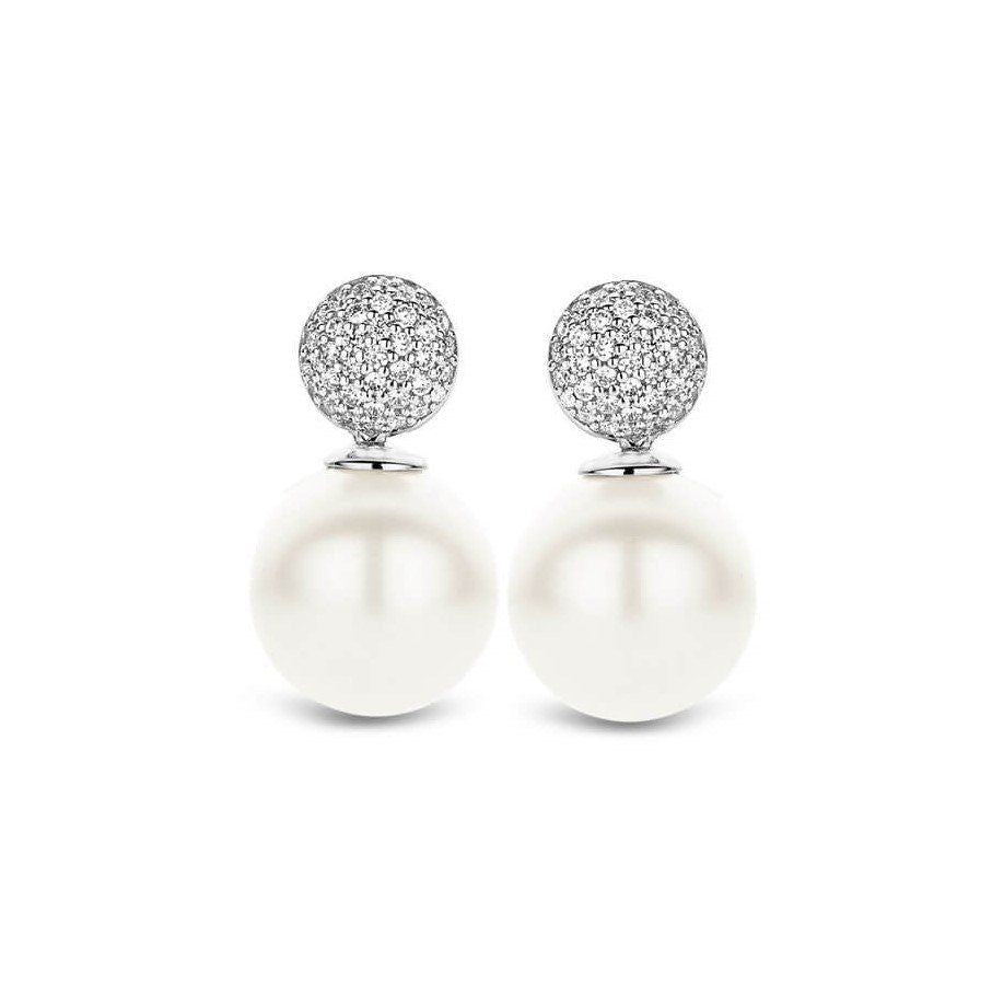 Hanging Pearl & CZ Spheres Silver Earrings