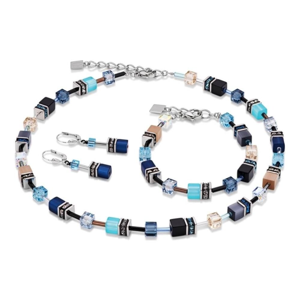 Blue/Beige Swarovski Geo Cube Bracelet, Earrings and Necklace Set