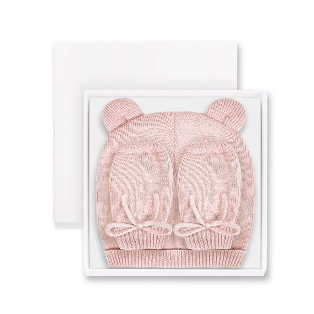 Beautifully Boxed Fine Knit Baby Hat And Mittens Set | Pink