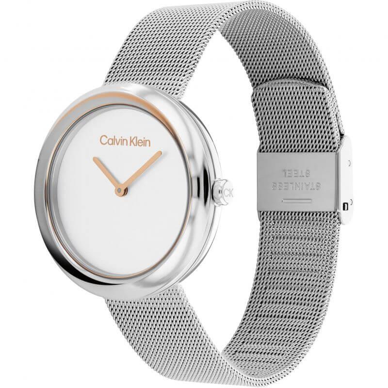 Twisted Bezel Silver Dial & Stainless Steel Mesh Bracelet Ladies Watch