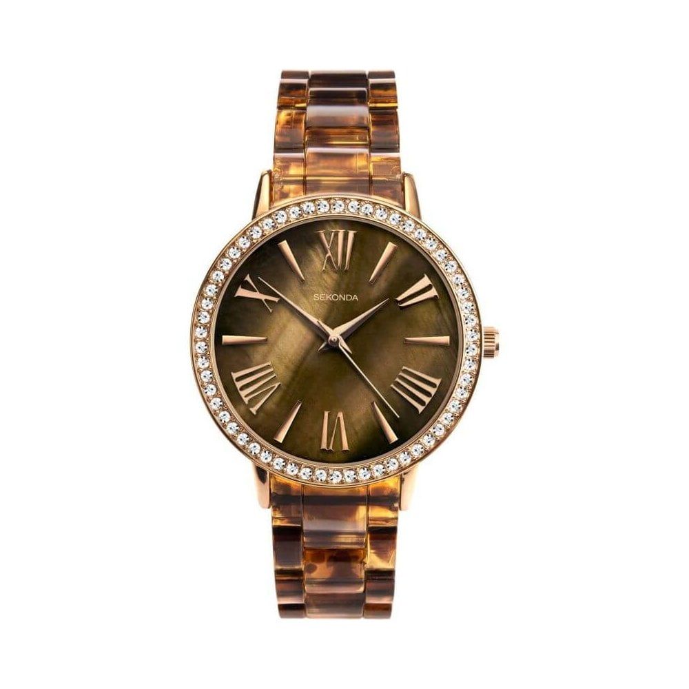 Rose Gold Stone Set Brown MOP Dial With Tortoiseshell Pattern Bracelet Strap Ladies Watch