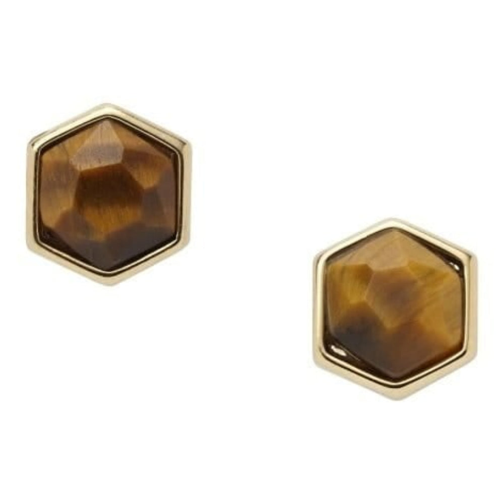 Ladies Vintage Gold Hexagon Earrings With Tigers Eye Stone