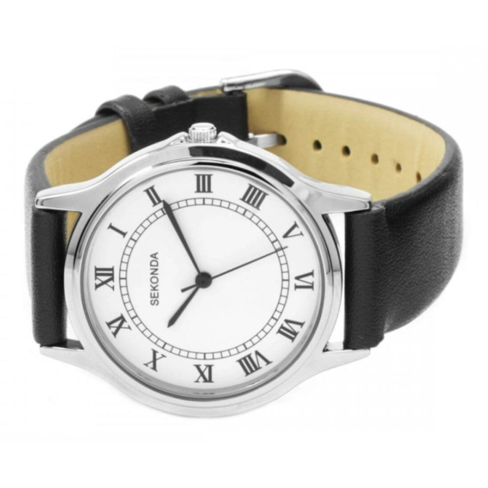 Stainless Steel White Dial With Black Leather Strap Gents Watch