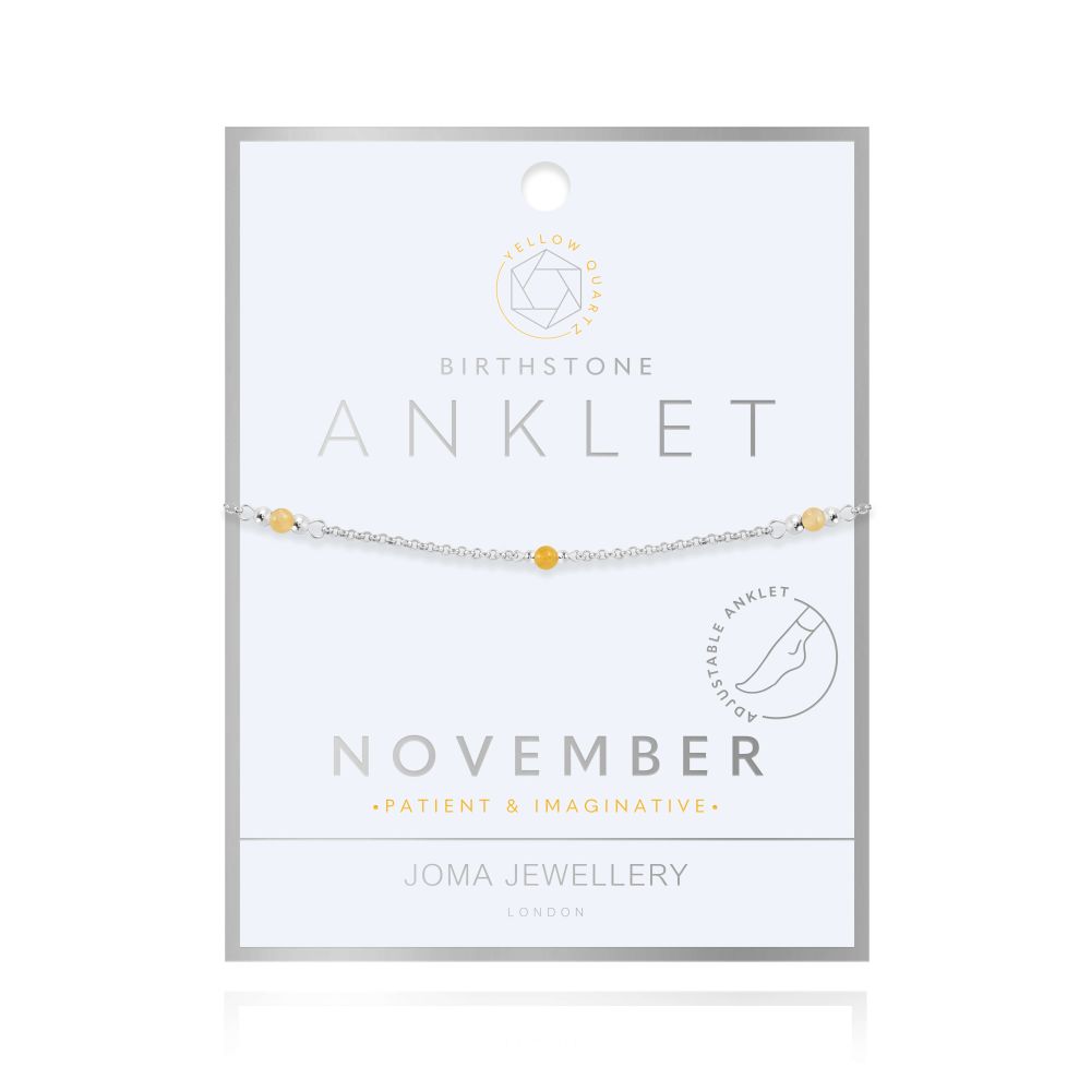 Anklet | Birthstone November Yellow Quartz | Silver | 26cm Adjustable