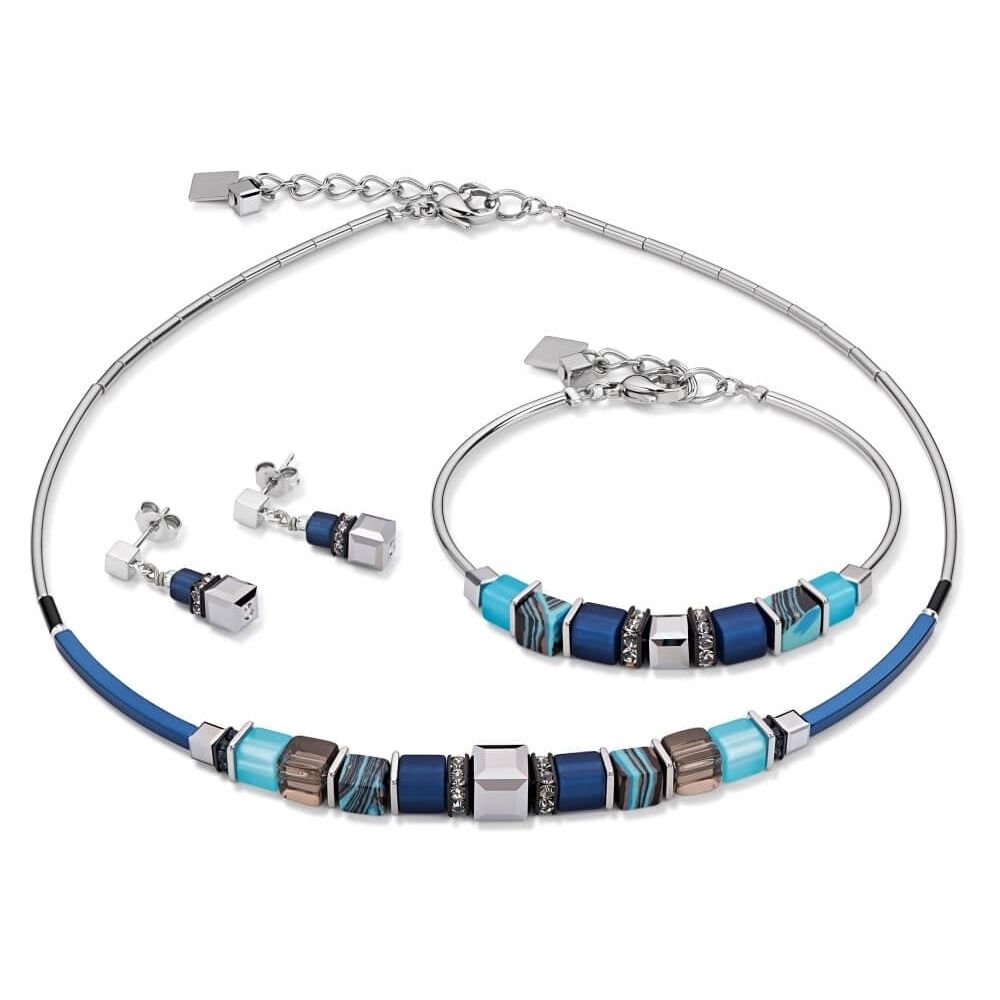 Blue/Beige/ Striped Geo Cube Bracelet, Earrings and Necklace Set