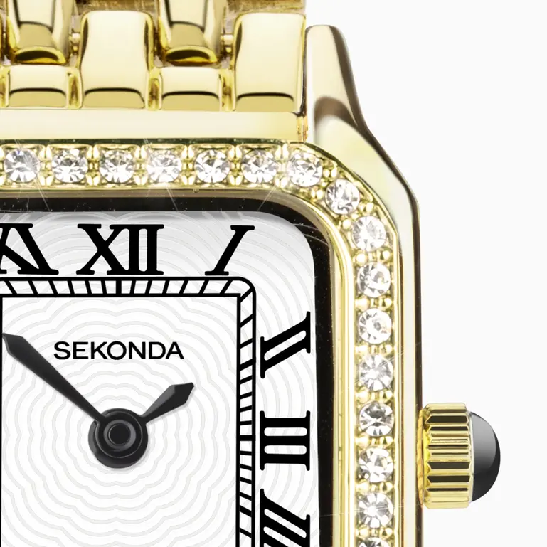 Monica Gold Plated Case & Bracelet With with Stone Set Bezel White Dial Ladies Watch