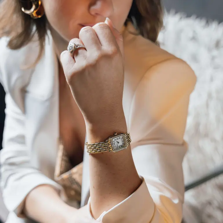 Monica Gold Plated Case & Bracelet With with Stone Set Bezel White Dial Ladies Watch