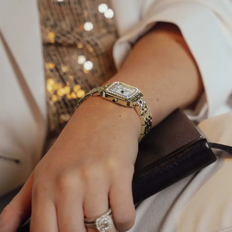 Monica Gold Plated Case & Bracelet With with Stone Set Bezel White Dial Ladies Watch