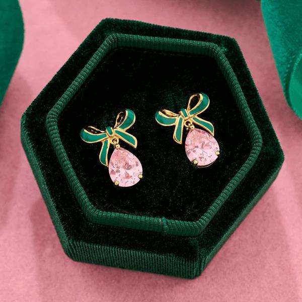 Amelia Bow Studs In Emerald Green Enamel, Pink CZ Teardrop & Gold