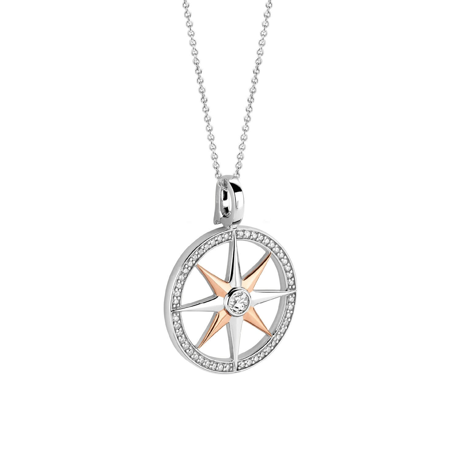 Two Tone Wind Rose CZ Pendant Necklace