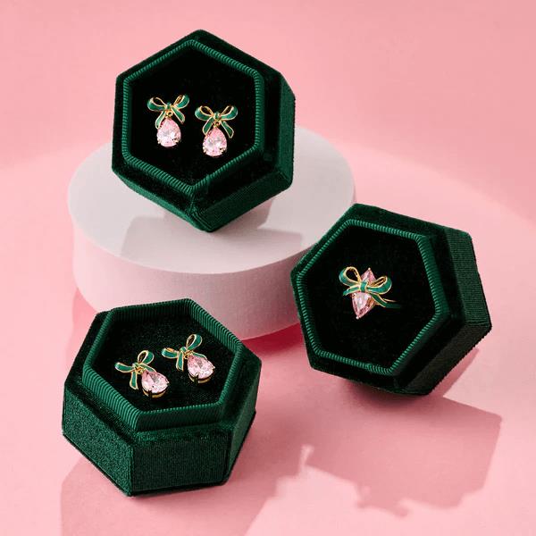 Amelia Bow Studs In Emerald Green Enamel, Pink CZ Teardrop & Gold