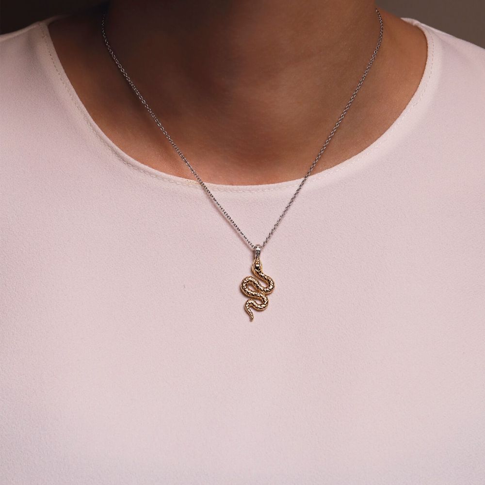Gold Plated Snake Pendant With Silver Chain Necklace