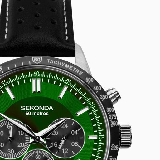 Silver Case with Green Dial & Leather Strap Men's Chronograph Watch