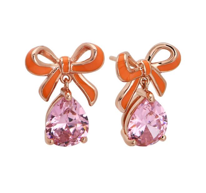 Amelia Bow Studs In Coral Enamel, Pink CZ Teardrop & Rose Gold