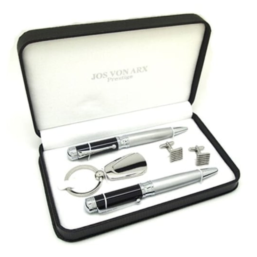 Men's Gift Set With Silver & Black Ball Point & Roller Ball Pen, Key Ring & Square Cufflinks