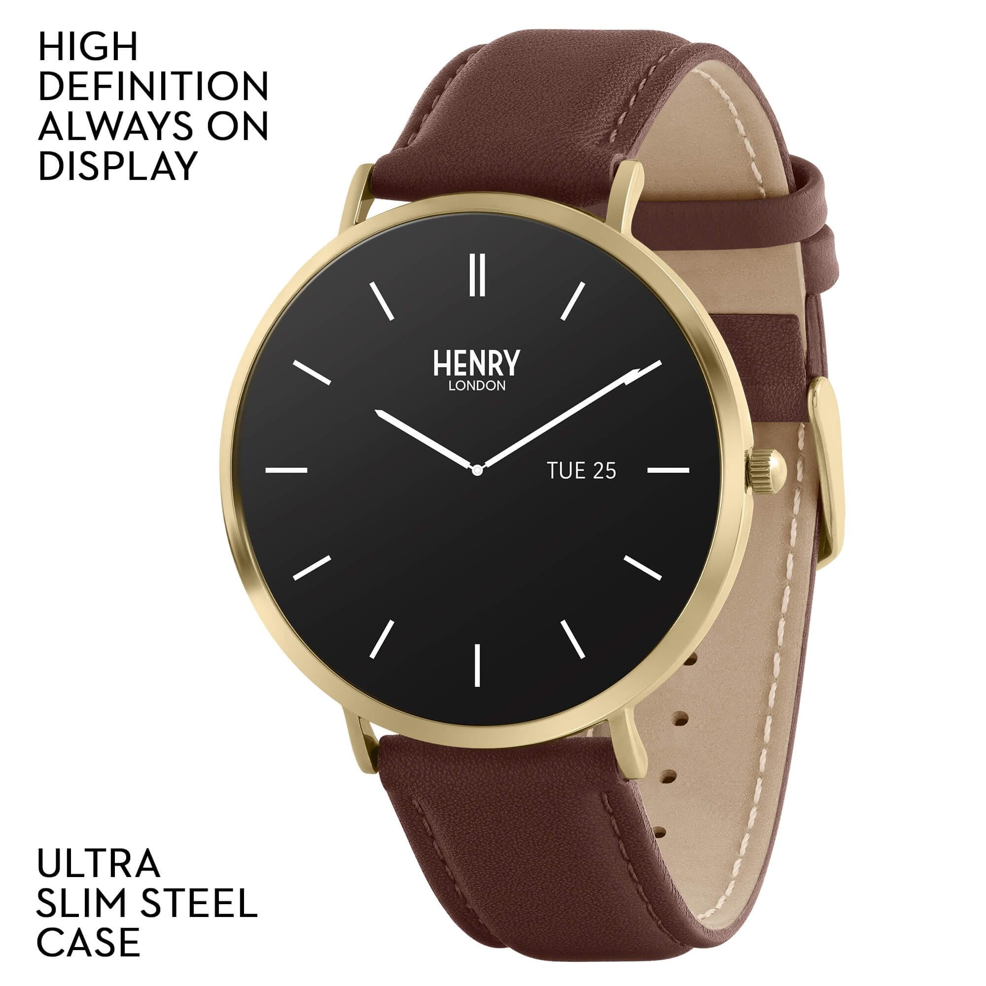Smart Amoled Gold & Brown Leather Strap Watch