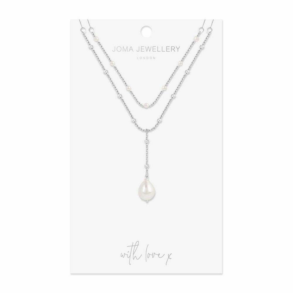 Laila Lariats | Silver Pearl Lariat Necklace | Silver | Necklace | Inner Chain 40cm Outer Chain 45cm + 5cm Extender