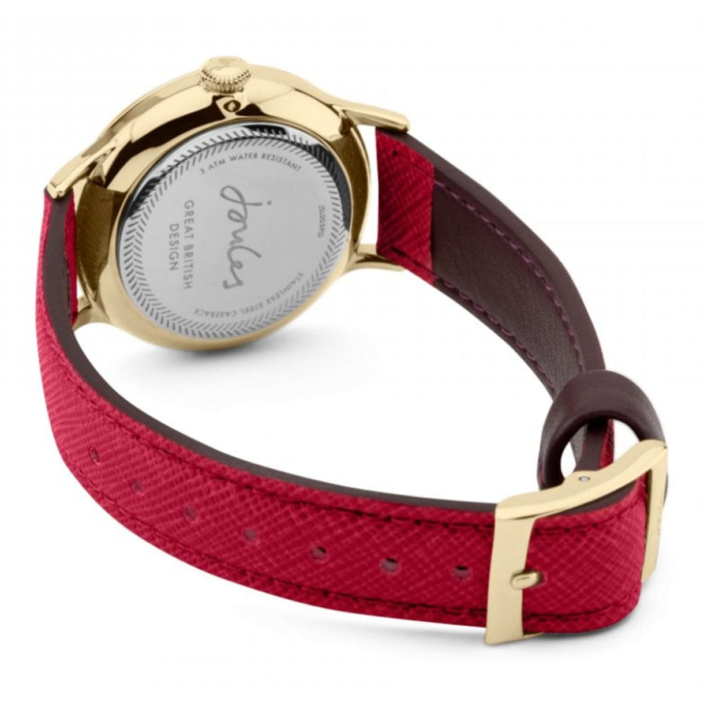 Raspberry Saffiano Leather Strap  Gold Mirror Dial Floral Print Ladies Watch
