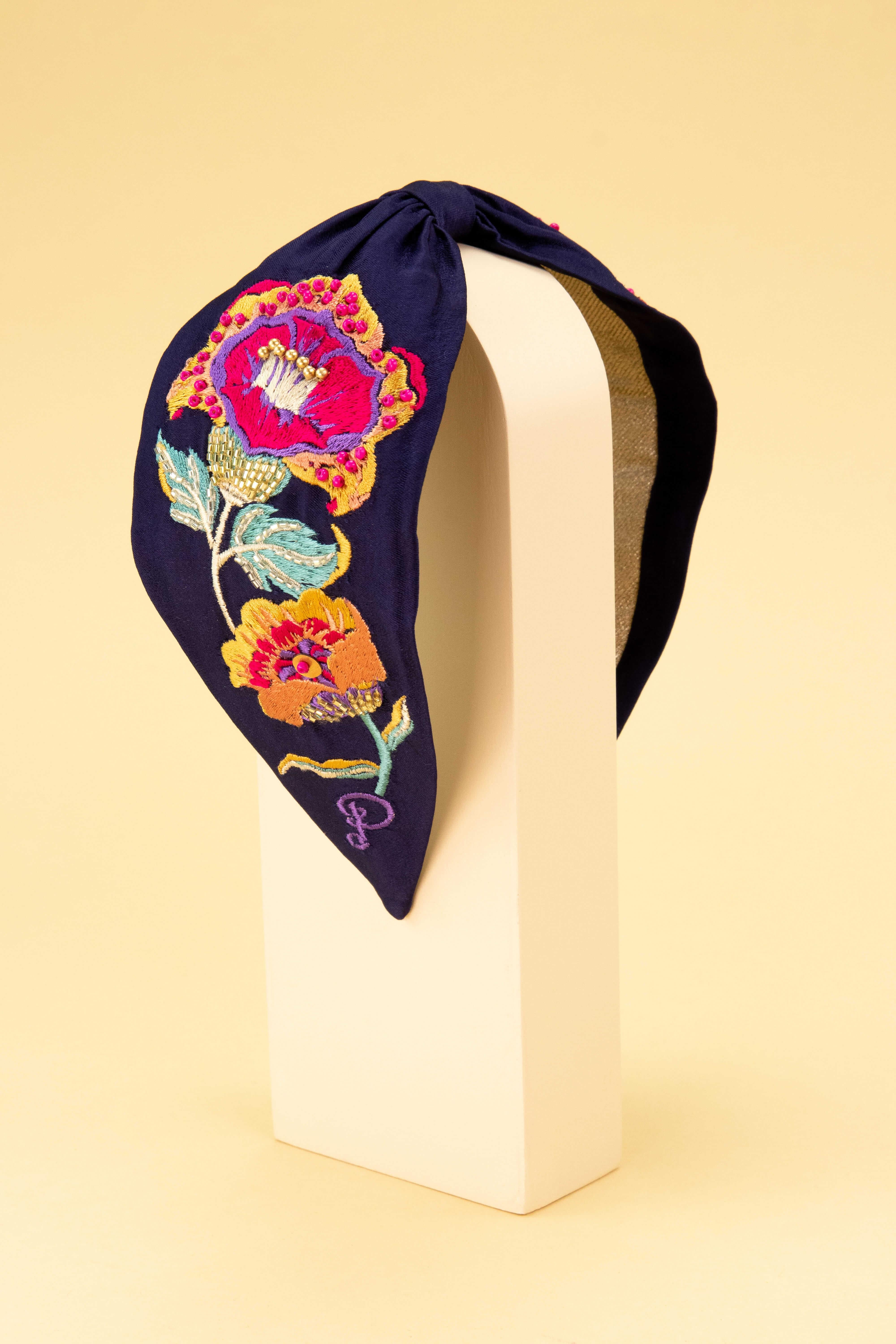Fantasy Floral Embroidered Headband - Navy