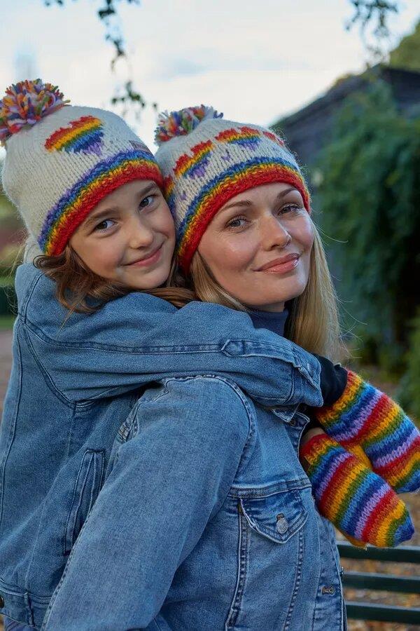 Kids Rainbow Heart Bobble Beanie Cream
