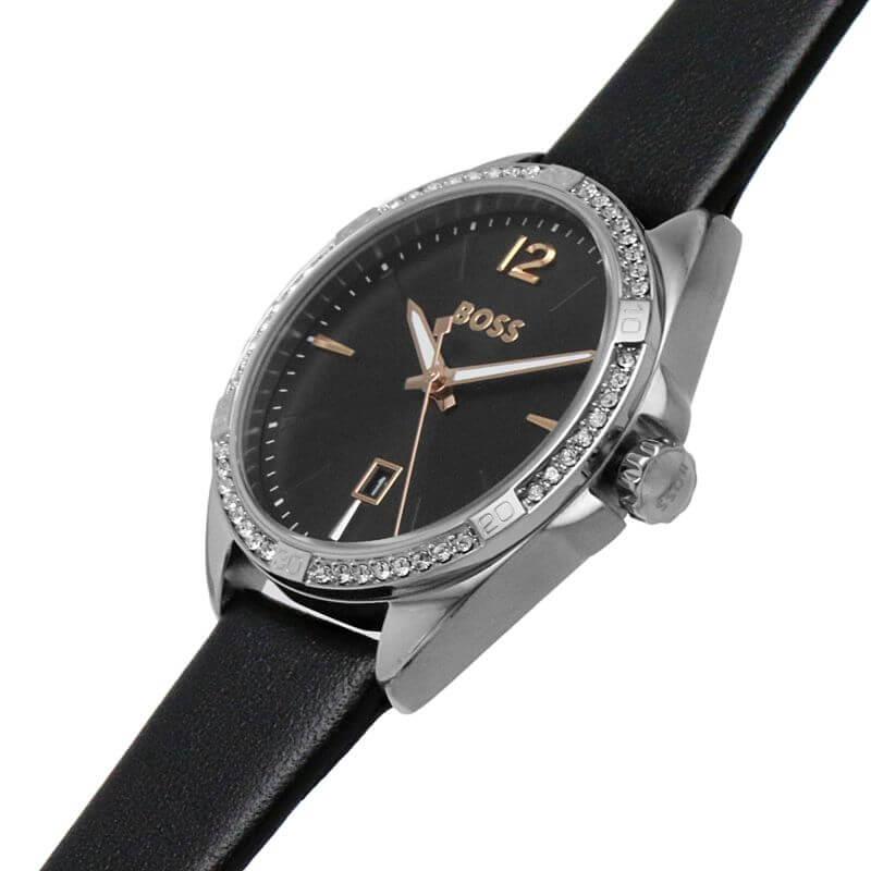 Felina Crystal Set Black Dial & Leather Strap Ladies Watch