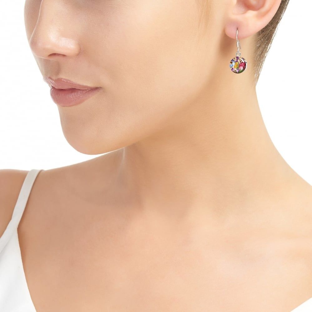 Silver Drop Earrings - Mixed Flowers, Yellow - Small Round