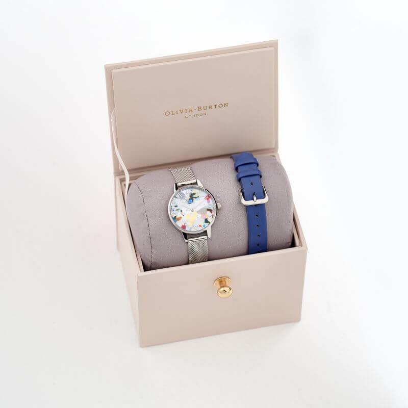 Pop Art Midi Dial, Blue Eco Vegan & Silver Mesh Watch Strap Gift Set