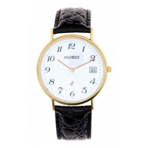Gents 9 Carat Gold Black Leather Quartz Wristwatch With Arabic Numerals