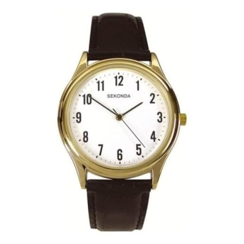 Gents Black Leather Gold Case Front Wristwatch