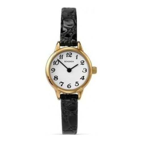 Ladies Petite Gold Plated Bubble Textured Black Leather Watch