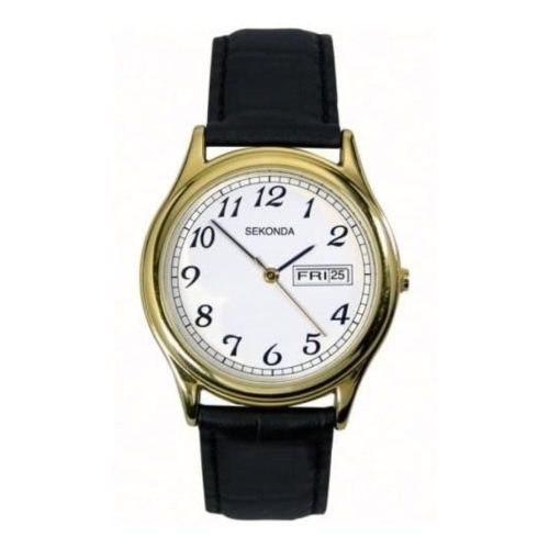 Gents Black Leather Strap Watch with Day and Date Display