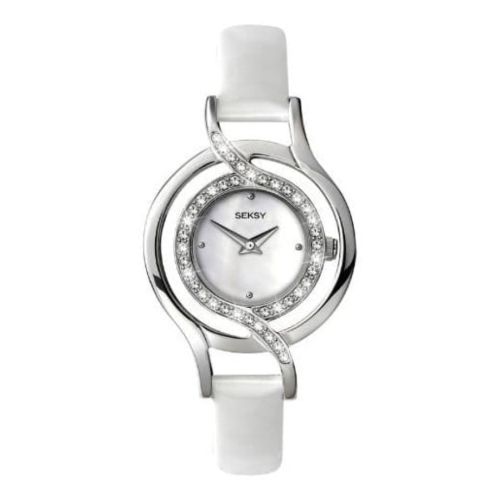 Ladies Mother of Pearl White Leather Stone Set Watch
