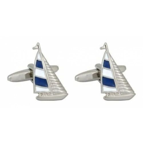 Rhodium Plated Yacht Blue & White Cufflinks
