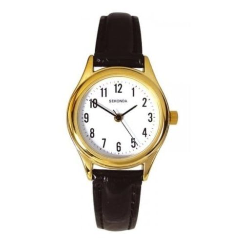 Ladies Stylish Black Leather Wristwatch With Gold Case