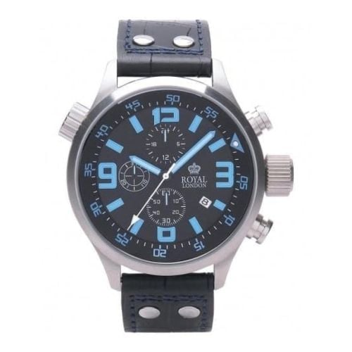 Trendy Oversized Black Leather With Blue Stitching Gents Watch