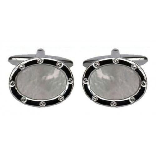 Gents Oval Rhodium Mother Of Pearl Cufflinks