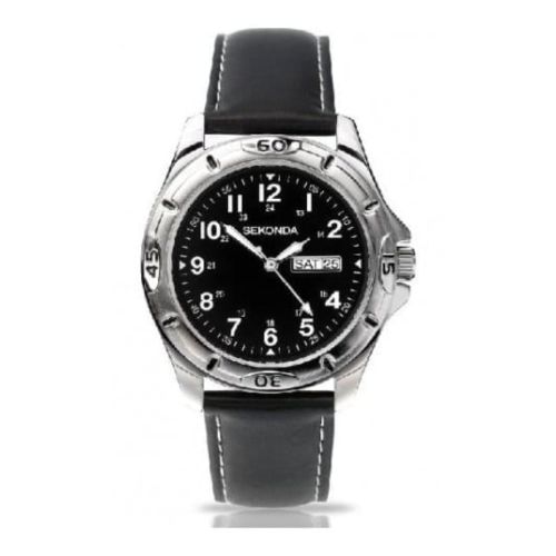 Gents black leather round stainless steel wristwatch