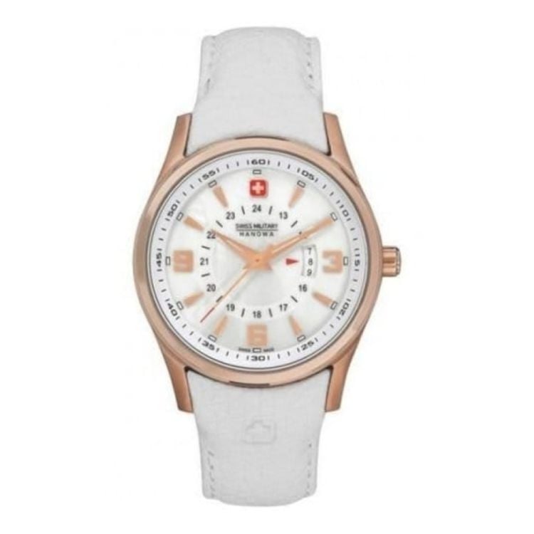 Ladies Swiss White Leather Strap Watch