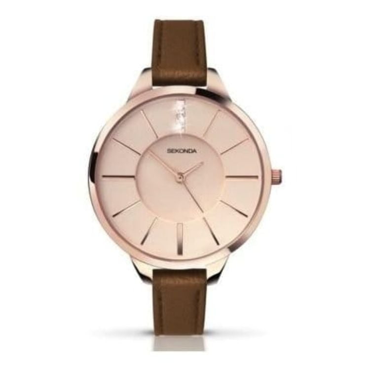 Brown Leather Ladies Rose Gold Strap Watch