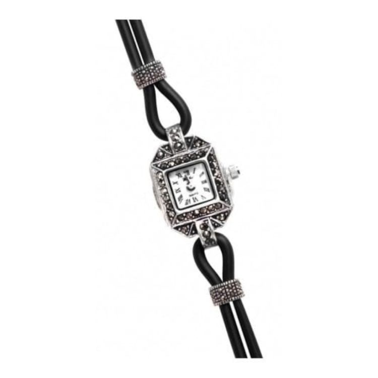 Ladies Black Rubber & Silver Marcasite Watch