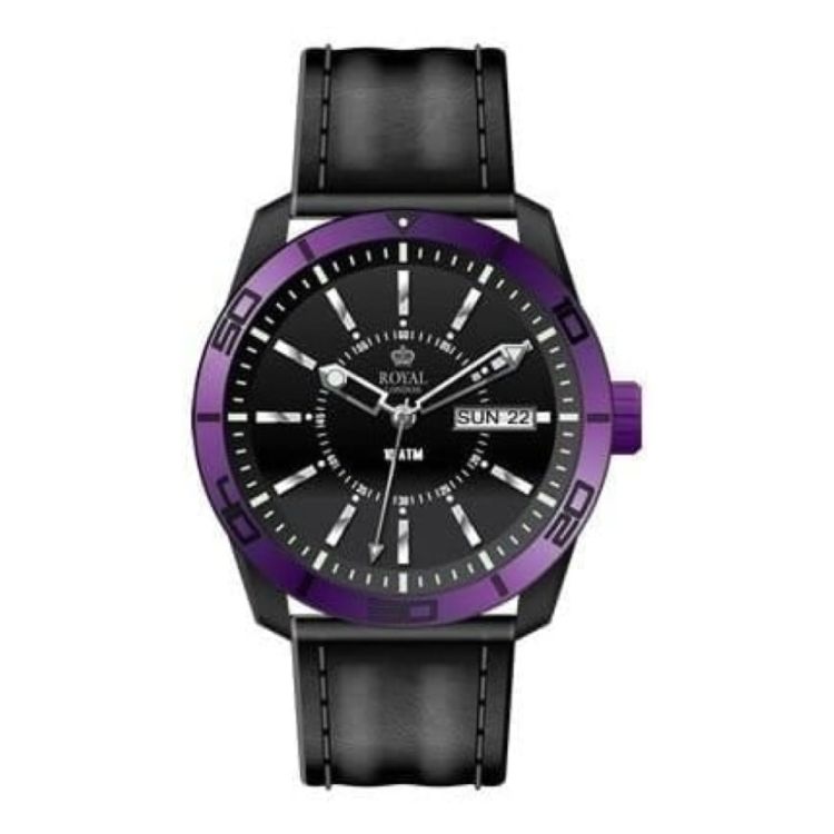 The Challenger Ladies Purple Bezel Black Leather Watch